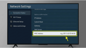 Find MAC address Samsung LG Sony Smart TV network settings IPTV activation